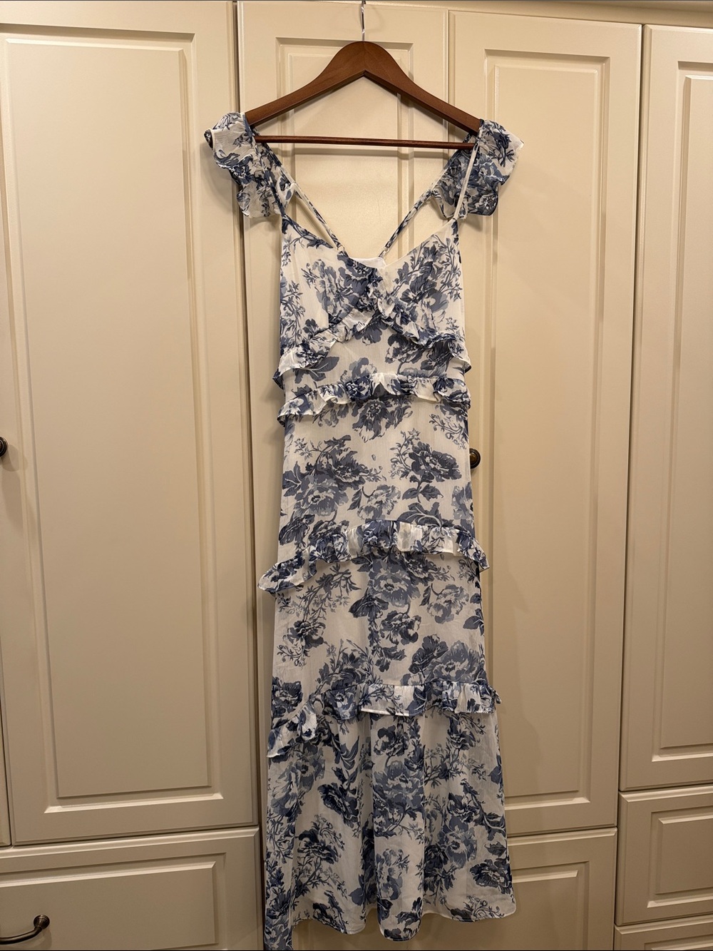 White and Blue Floral Ruffle Maxi Dress - Women's